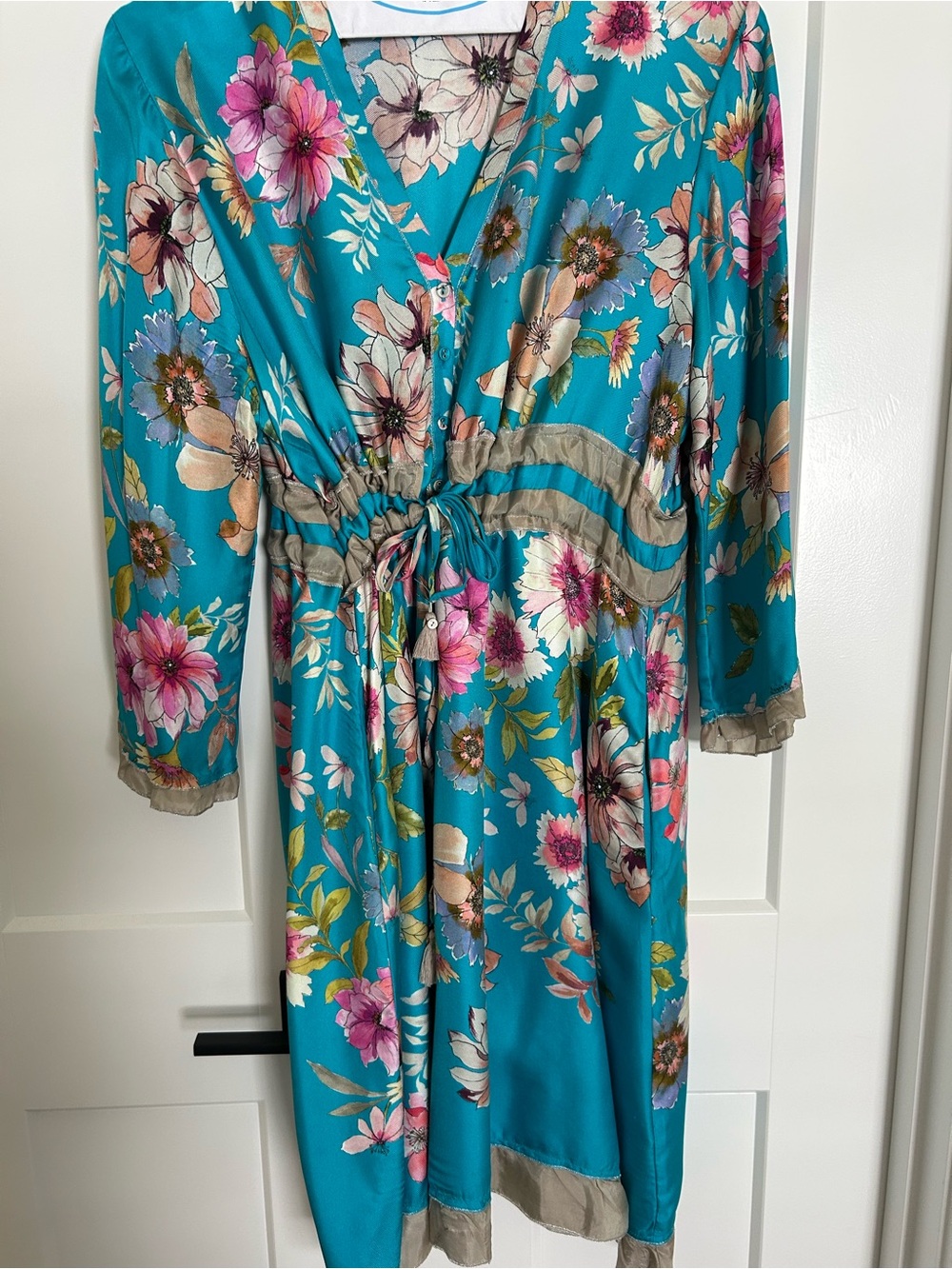 Johnny Was Turquoise Floral Midi Dress with Pink & Cream Flowers Silk - Picture 4 of 5